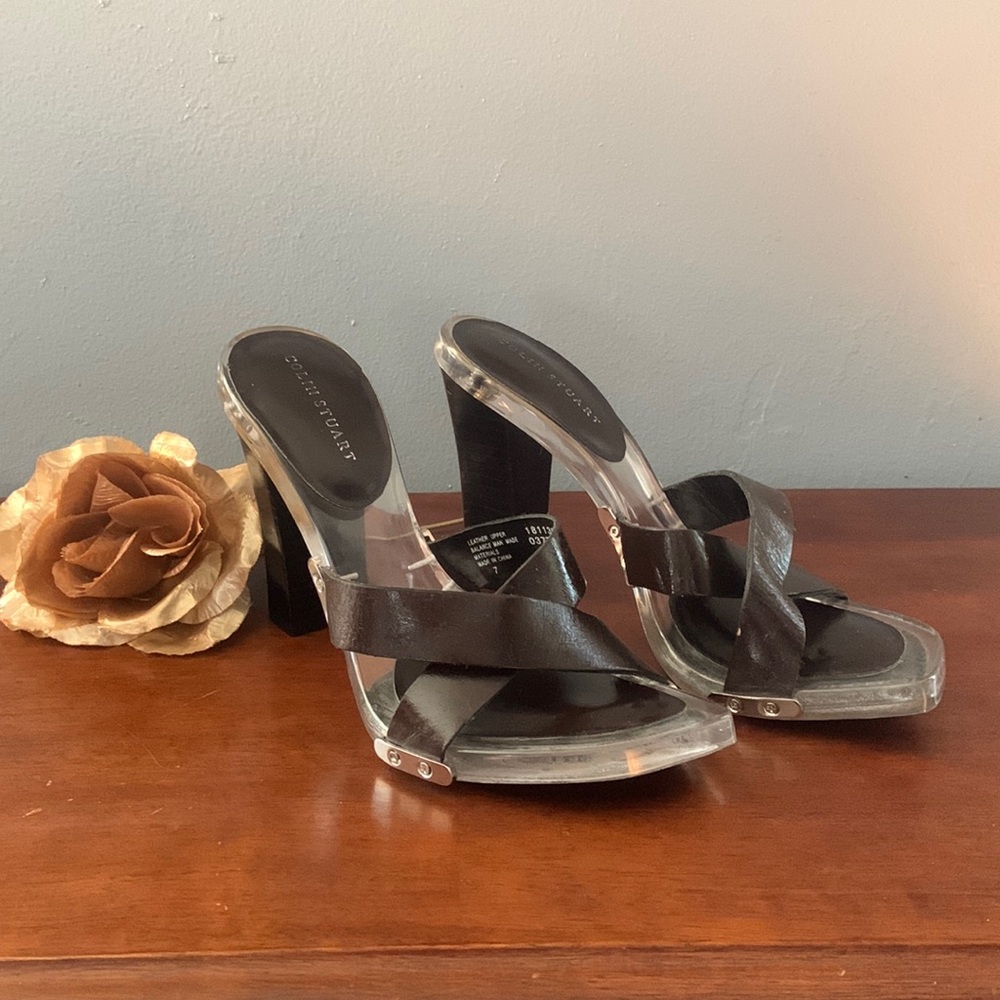 COLIN STUART GENUINE brown leather upper, clear sole, 3 1/2 inch platform heels.